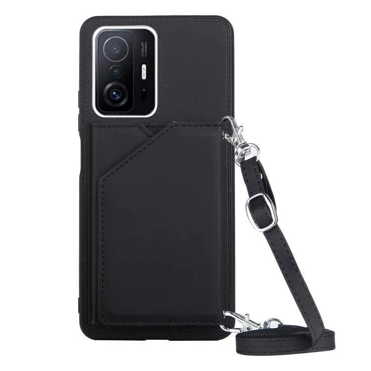 Multiple Card Slots Kickstand Anti-fall Solid Color PU Leather + TPU Phone Cover Shell with Shoulder Strap for Xiaomi 11T/11T Pro - Black