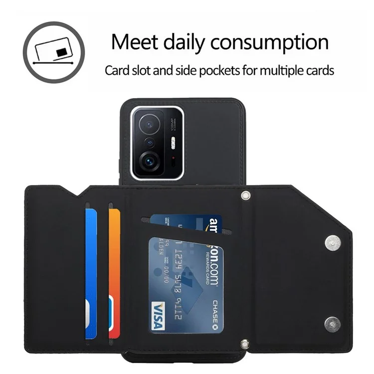 Multiple Card Slots Kickstand Anti-fall Solid Color PU Leather + TPU Phone Cover Shell with Shoulder Strap for Xiaomi 11T/11T Pro - Black
