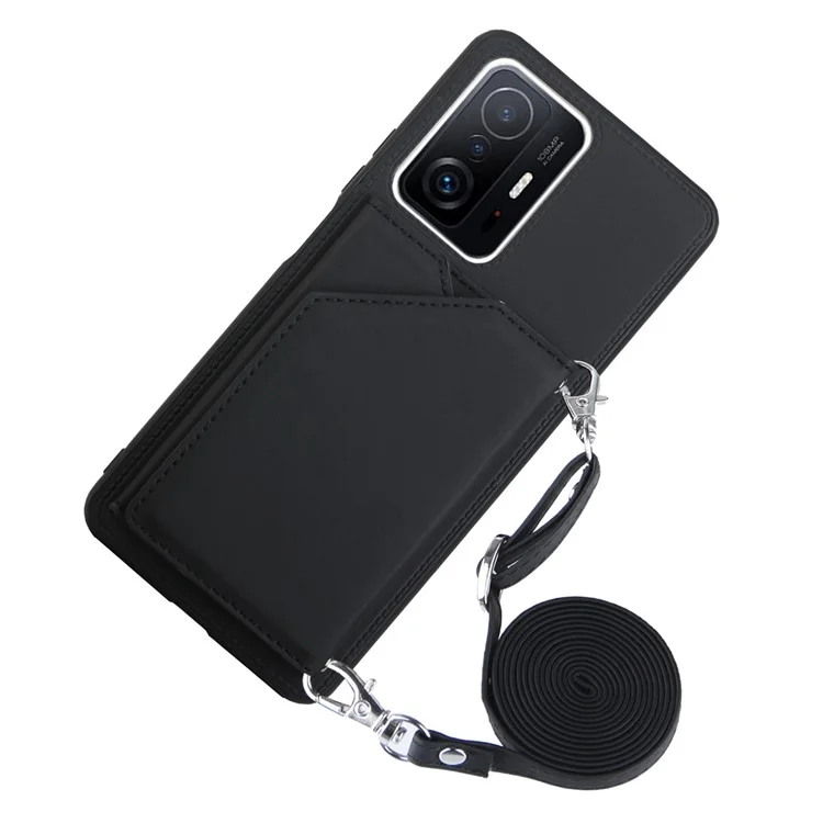 Multiple Card Slots Kickstand Anti-fall Solid Color PU Leather + TPU Phone Cover Shell with Shoulder Strap for Xiaomi 11T/11T Pro - Black