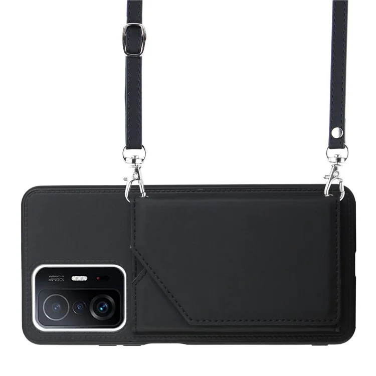 Multiple Card Slots Kickstand Anti-fall Solid Color PU Leather + TPU Phone Cover Shell with Shoulder Strap for Xiaomi 11T/11T Pro - Black