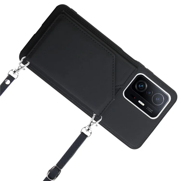 Multiple Card Slots Kickstand Anti-fall Solid Color PU Leather + TPU Phone Cover Shell with Shoulder Strap for Xiaomi 11T/11T Pro - Black