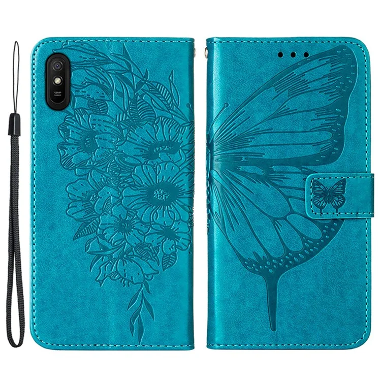 Butterfly Flower Pattern Impresso PU Couather Stand Stand Flip Com Alça de Transporte Para Xiaomi Redmi 9a / 9i (índia) / 9at - Azul