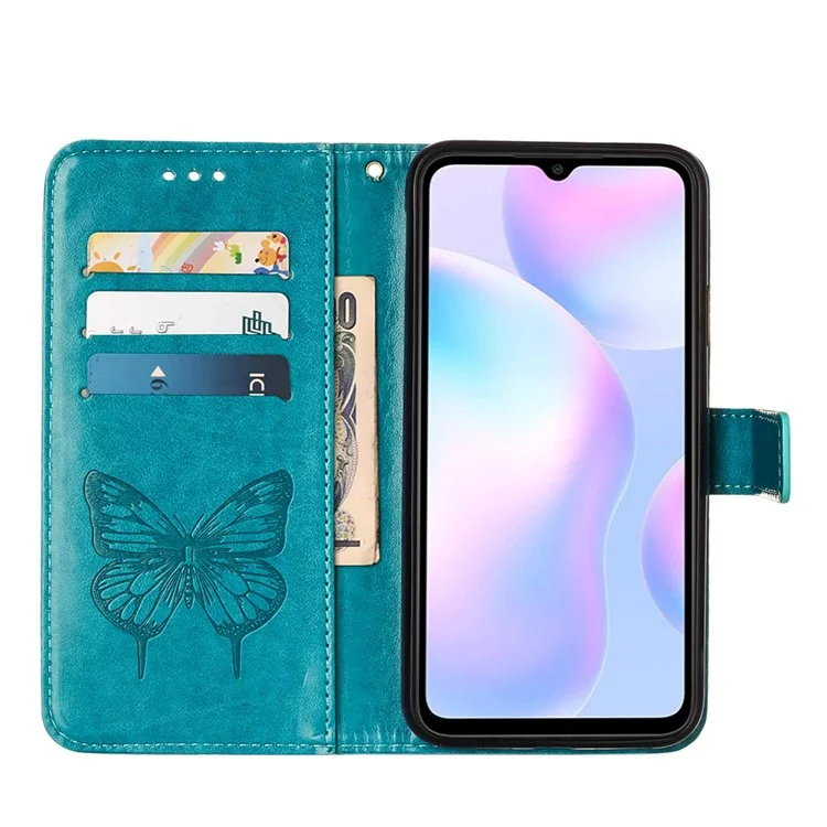 Butterfly Flower Pattern Impresso PU Couather Stand Stand Flip Com Alça de Transporte Para Xiaomi Redmi 9a / 9i (índia) / 9at - Azul