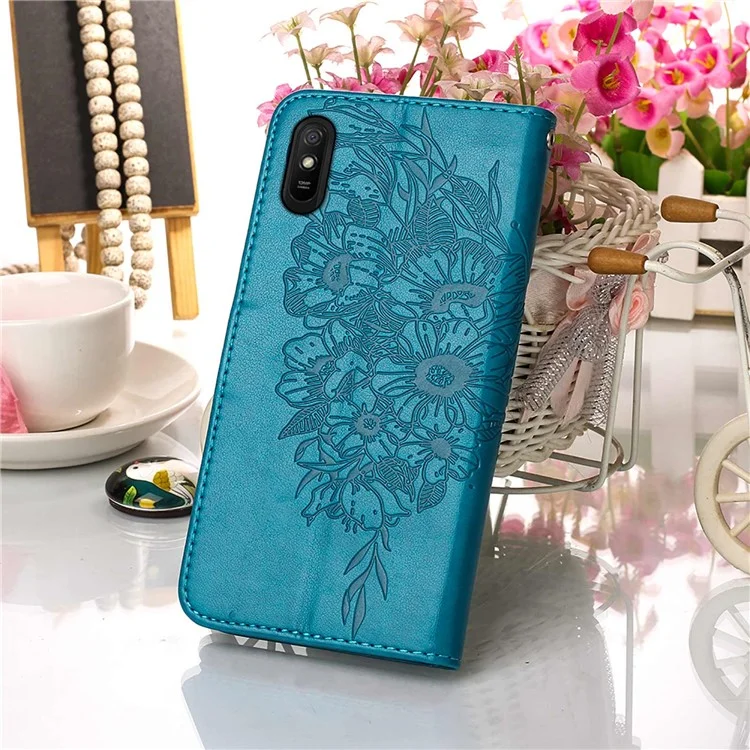 Butterfly Flower Pattern Impresso PU Couather Stand Stand Flip Com Alça de Transporte Para Xiaomi Redmi 9a / 9i (índia) / 9at - Azul