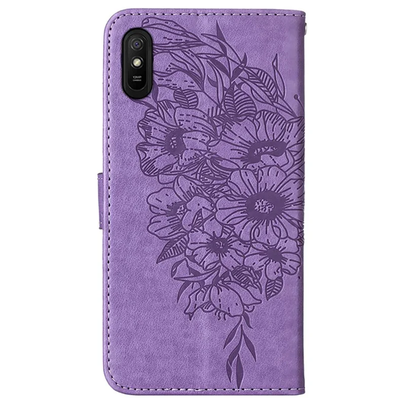 Klapowa obudowa portfelowa z motywem motyla i kwiatów z wysokiej jakości skóry PU z uchwytem do noszenia dla Xiaomi Redmi 9A / 9i (Indie) / 9AT – jasny fiolet