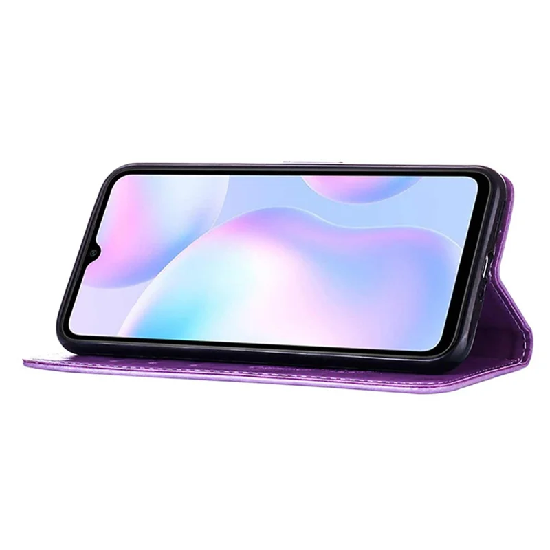 Klapowa obudowa portfelowa z motywem motyla i kwiatów z wysokiej jakości skóry PU z uchwytem do noszenia dla Xiaomi Redmi 9A / 9i (Indie) / 9AT – jasny fiolet