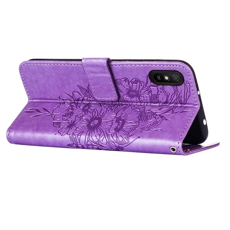 Klapowa obudowa portfelowa z motywem motyla i kwiatów z wysokiej jakości skóry PU z uchwytem do noszenia dla Xiaomi Redmi 9A / 9i (Indie) / 9AT – jasny fiolet