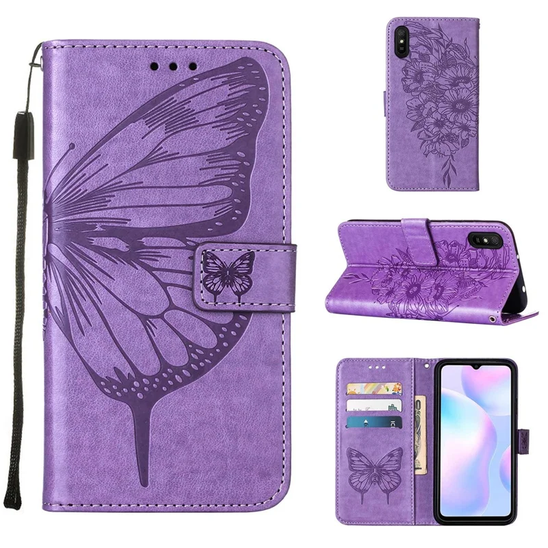 Klapowa obudowa portfelowa z motywem motyla i kwiatów z wysokiej jakości skóry PU z uchwytem do noszenia dla Xiaomi Redmi 9A / 9i (Indie) / 9AT – jasny fiolet