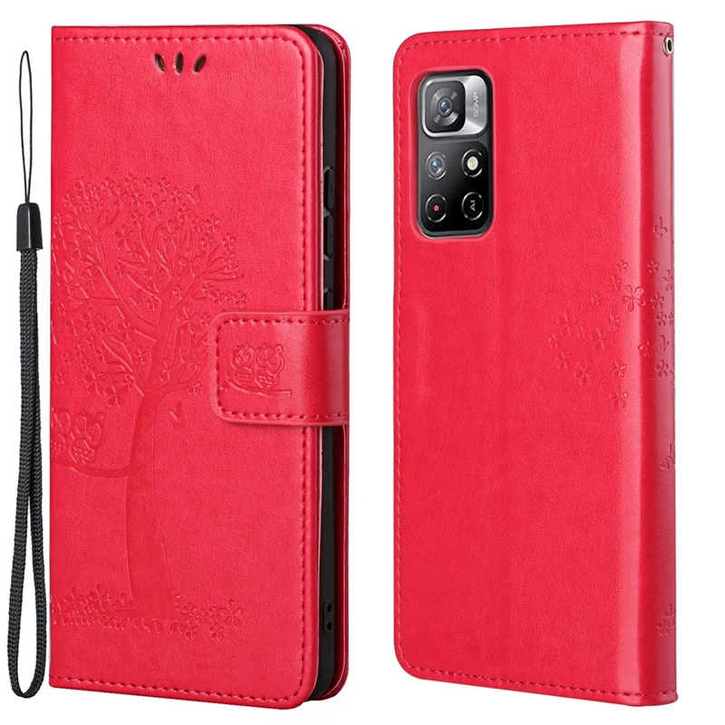 Folio Flip Owl Tree Imprint Well-Protected Anti-Drop Stylish Leather Wallet Phone Case Shell with Stand for Xiaomi Redmi Note 11 5G (China) (MediaTek)/Redmi Note 11T 5G/Redmi Note 11S 5G - Red