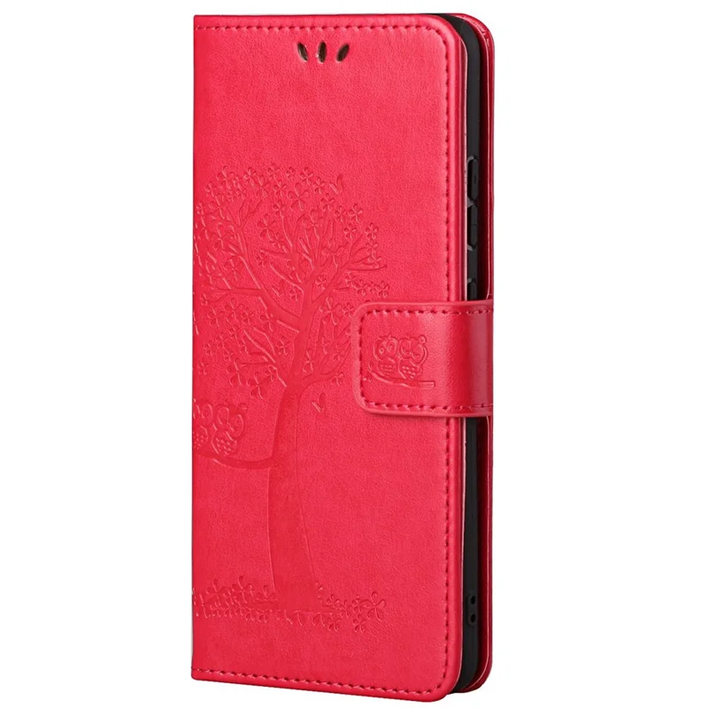 Folio Flip Owl Tree Imprint Well-Protected Anti-Drop Stylish Leather Wallet Phone Case Shell with Stand for Xiaomi Redmi Note 11 5G (China) (MediaTek)/Redmi Note 11T 5G/Redmi Note 11S 5G - Red
