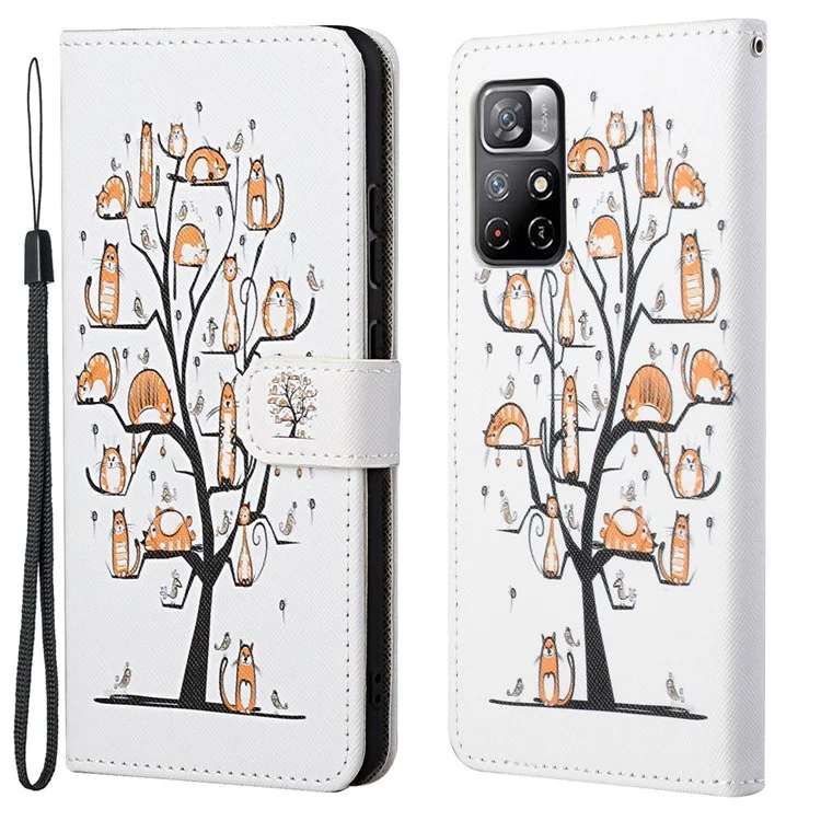 Texture Croisée PU Cuir de Porte-toile de Portefeuille 3D Modèle Créatif Impression Flip Flio Couvercle de Protection Avec Sangle Pour Xiaomi Redmi Note 11 5G (chine) (mediatek) / Redmi Note 11T 5G / Redmi Note 11S 5G - Chats Sur L'arbre
