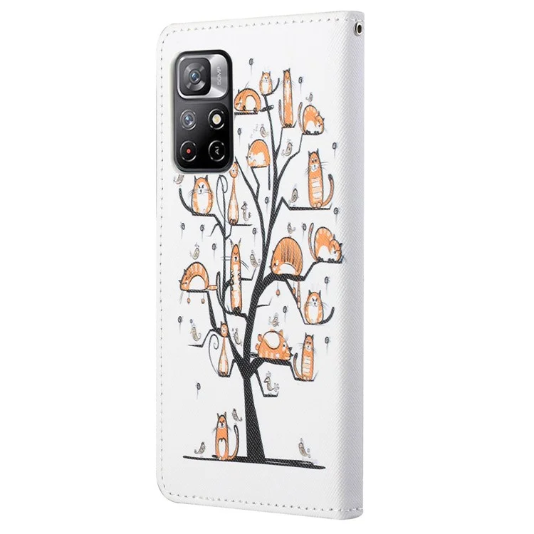 Texture Croisée PU Cuir de Porte-toile de Portefeuille 3D Modèle Créatif Impression Flip Flio Couvercle de Protection Avec Sangle Pour Xiaomi Redmi Note 11 5G (chine) (mediatek) / Redmi Note 11T 5G / Redmi Note 11S 5G - Chats Sur L'arbre