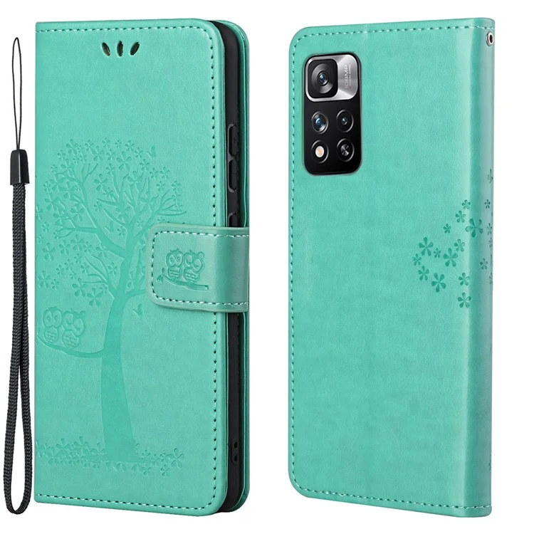 Étui de téléphone à rabat à la mode avec motif de hibou sur un arbre, bien protégé contre les chutes, élégant étui portefeuille en cuir avec support pour Xiaomi Redmi Note 12 Pro 4G / 11 Pro 4G (MediaTek) / Note 11 Pro 5G (Qualcomm) - Vert
