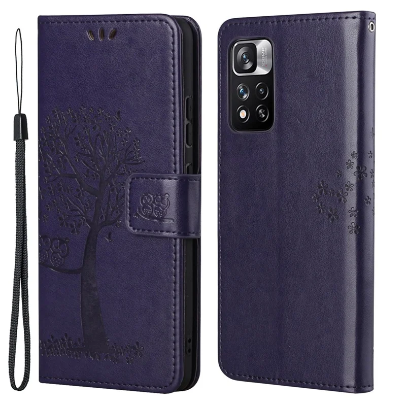 Fashionable Flip Phone Cover Owl Tree Imprint Well-Protected Anti-Drop Stylish Leather Wallet Phone Case Shell with Stand for Xiaomi Redmi Note 12 Pro 4G / 11 Pro 4G (MediaTek) / Note 11 Pro 5G (Qualcomm) - Dark Purple
