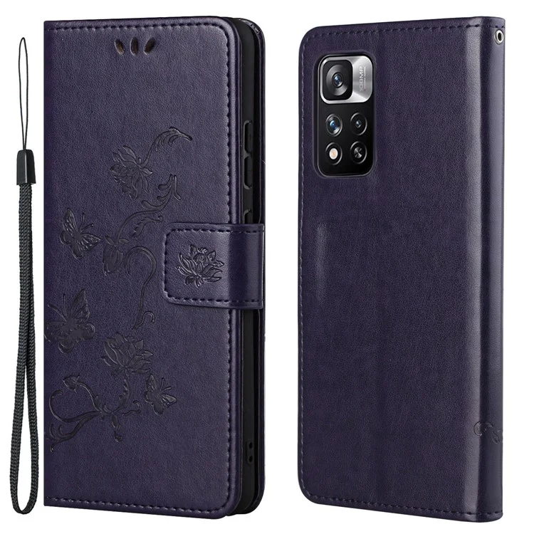 Mariposas Impresas Flower Anti-fall PU Cuero Protective Phone Stand Shell Con Ranuras Para Tarjetas y Bolsillo de Efectivo Para Xiaomi Redmi Note 11 Pro+ / Redmi 11 Pro - Morado Oscuro