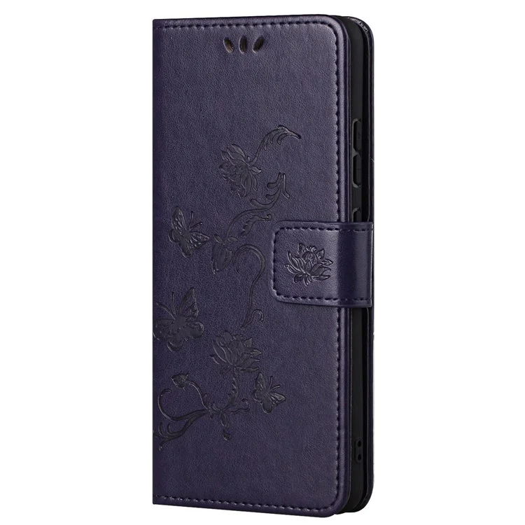 Mariposas Impresas Flower Anti-fall PU Cuero Protective Phone Stand Shell Con Ranuras Para Tarjetas y Bolsillo de Efectivo Para Xiaomi Redmi Note 11 Pro+ / Redmi 11 Pro - Morado Oscuro