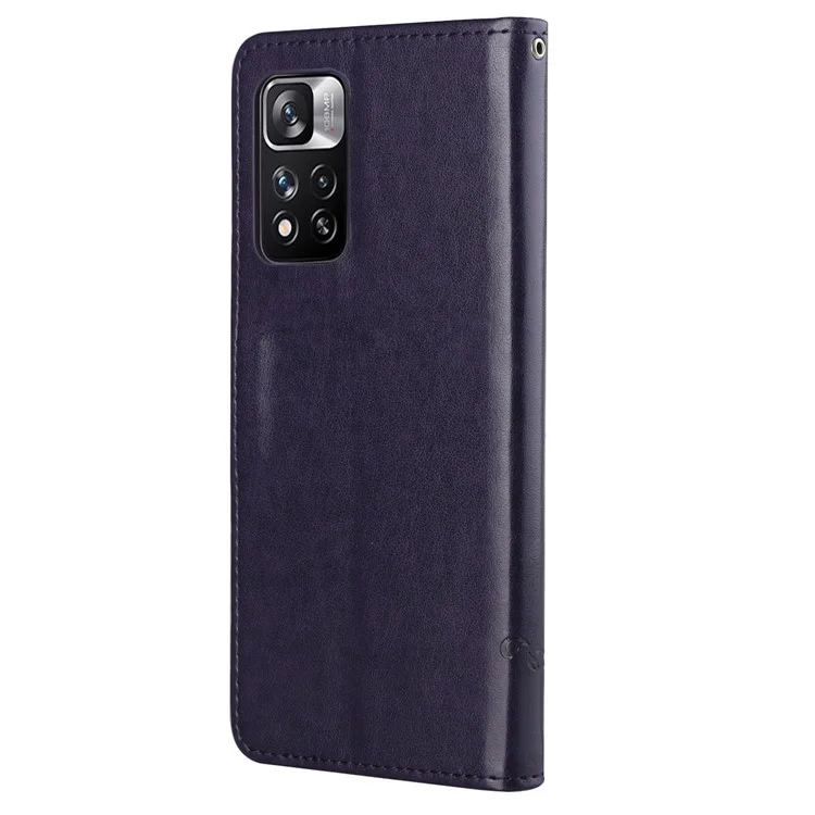 Mariposas Impresas Flower Anti-fall PU Cuero Protective Phone Stand Shell Con Ranuras Para Tarjetas y Bolsillo de Efectivo Para Xiaomi Redmi Note 11 Pro+ / Redmi 11 Pro - Morado Oscuro