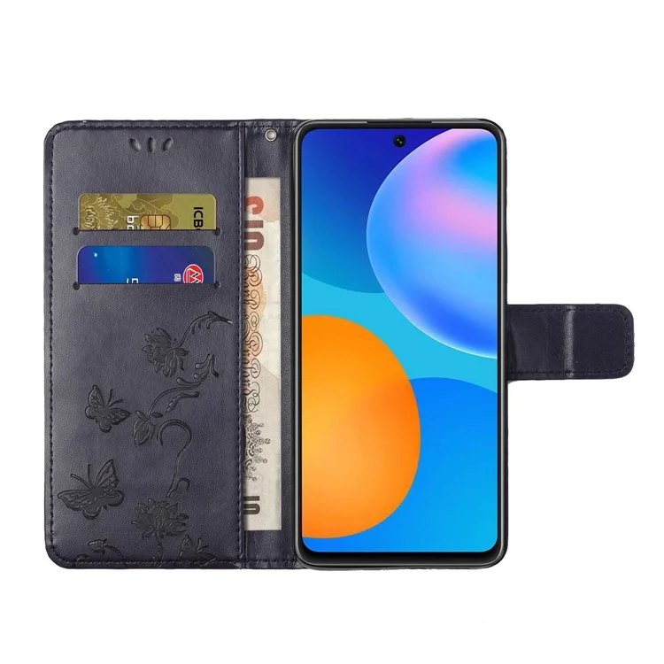 Mariposas Impresas Flower Anti-fall PU Cuero Protective Phone Stand Shell Con Ranuras Para Tarjetas y Bolsillo de Efectivo Para Xiaomi Redmi Note 11 Pro+ / Redmi 11 Pro - Morado Oscuro