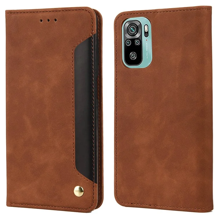 Couverture de Téléphone à L'amortisseur Anti-doigté Couverture du Porte-choc du Portefeuille Téléphone Téléphone Épissage Coque en Cuir Pour Xiaomi Redmi Note 11 4G (mediatek) / 10 4G (2021) / 10 2022 4G / 10 Prime - Brun