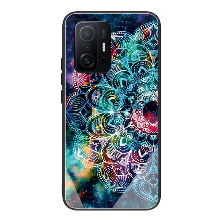 Muster-Druck-Design Gehärtetes Glas Rückseite + Weiche TPU Stoßfeste Schutzhülle für Xiaomi 11T / 11T Pro - Mandala-Blume