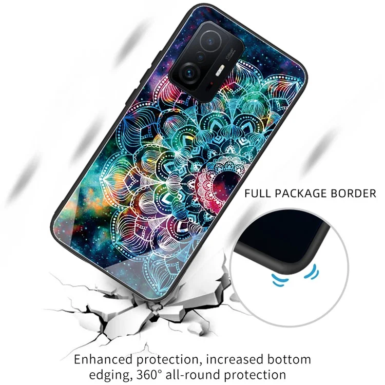 Muster-Druck-Design Gehärtetes Glas Rückseite + Weiche TPU Stoßfeste Schutzhülle für Xiaomi 11T / 11T Pro - Mandala-Blume