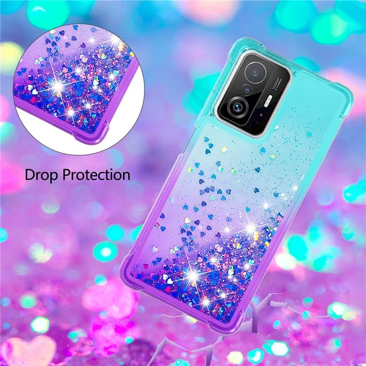 Gradiente QuickSand Série Liquid Flowing Sparkle Anti-Fall Anti-Resistente TPU Case Telefone Caixa Para Xiaomi 11T / 11T Pro - Céu Azul / Roxo