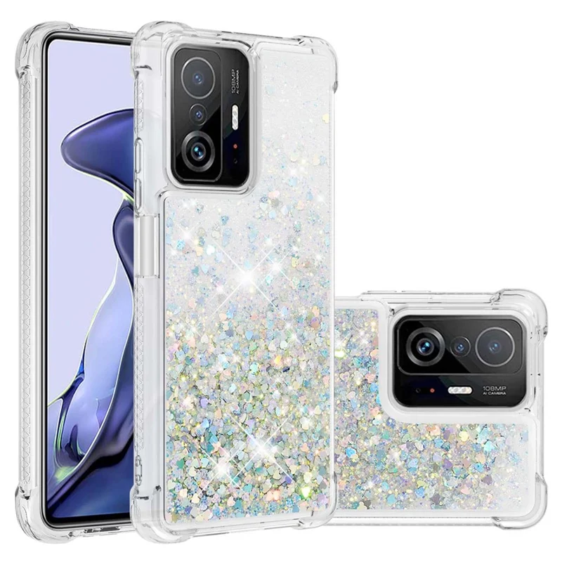 Colorful Quicksand Series Flowing Liquid Floating Soft TPU Phone Case for Xiaomi 11T / 11T Pro - Silver Hearts