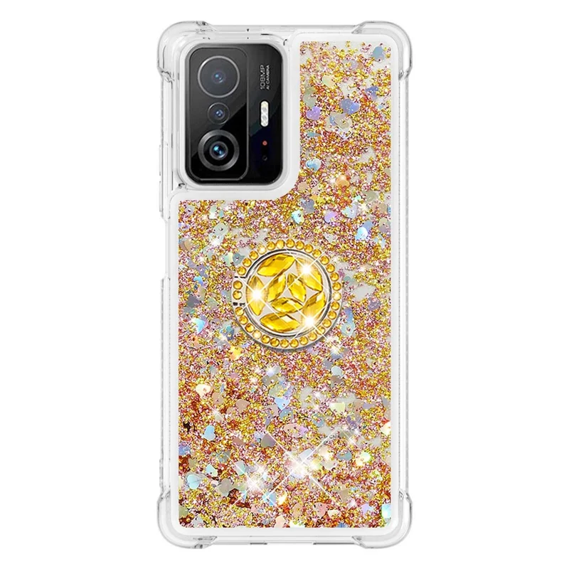 Liquid Glitter Quicksand TPU Shiny Rhinestone Case with Ring Kickstand for Xiaomi 11T / 11T Pro - Gold Hearts