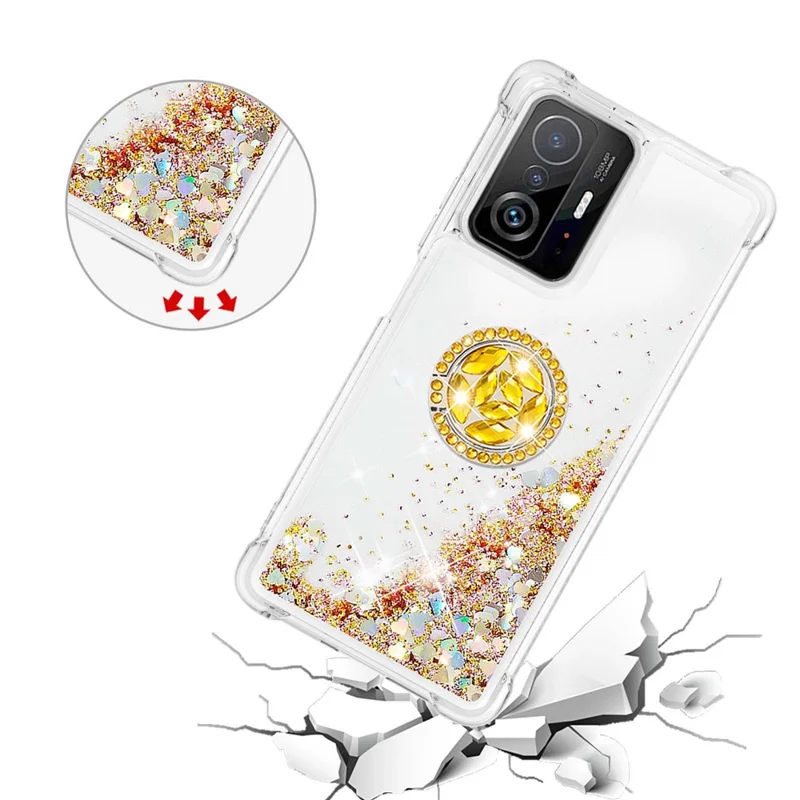 Liquid Glitter Quicksand TPU Shiny Rhinestone Case with Ring Kickstand for Xiaomi 11T / 11T Pro - Gold Hearts