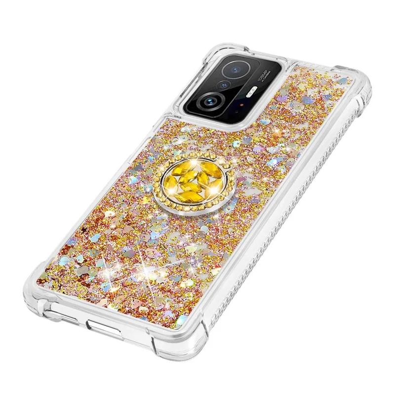 Liquid Glitter Quicksand TPU Shiny Rhinestone Case with Ring Kickstand for Xiaomi 11T / 11T Pro - Gold Hearts