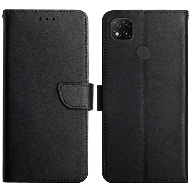 Textura Nappa Color Sólido Cubierta Externa de Cuero Genuino + TPU Suave TPU Inner Shell Stand Spone Billet Case Para Xiaomi Redmi 9C/Redmi 9C NFC - Negro