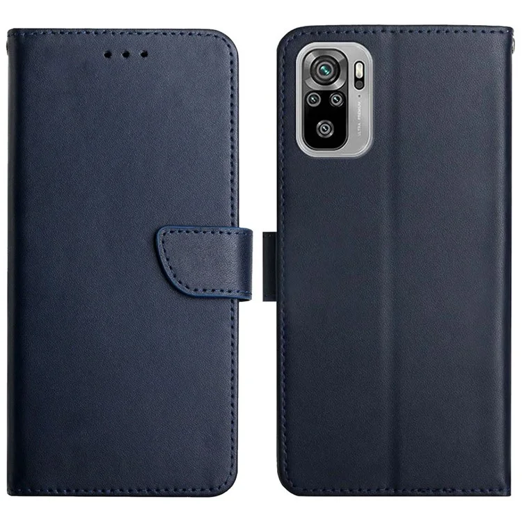 Nappa Texture Solid Color Horizontal Stand Wallet Case Genuine Leather Outer Cover + Soft TPU Inner Shell for Xiaomi Poco M5s 4G / Redmi Note 10 4G / Redmi Note 10S 4G - Blue