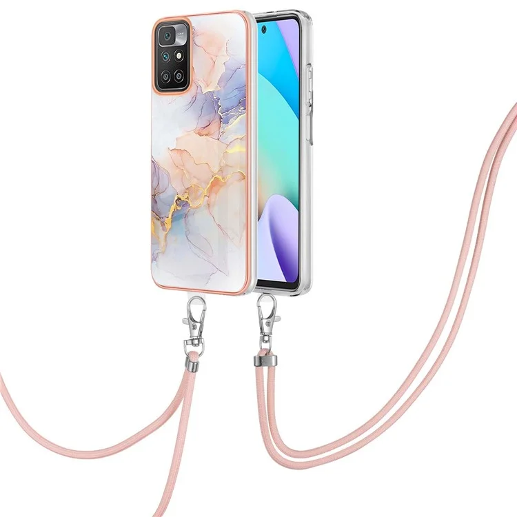 Funda protectora de TPU suave con patrón de flor de mármol, electrochapado, antiarañazos, ligera y delgada, con correa para el hombro, para Xiaomi Redmi Note 11 4G (MediaTek)/10 4G (2021)/10 2022 4G/10 Prime - Milky Way Marble White