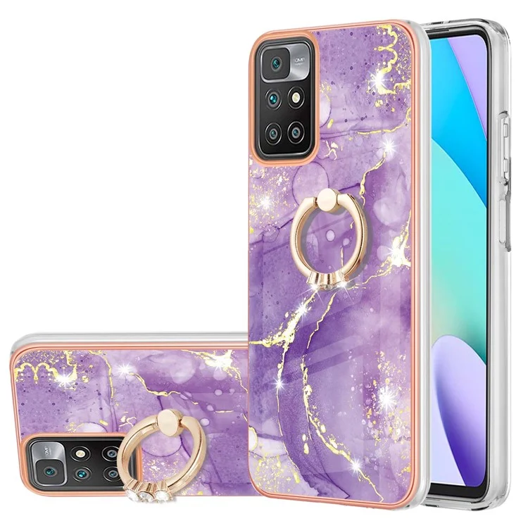 Case with Kickstand Marble Pattern Electroplating TPU Back Cover for Xiaomi Redmi Note 11 4G (Mediatek) / 10 4G (2021) / 10 2022 4G / 10 Prime - Purple 002