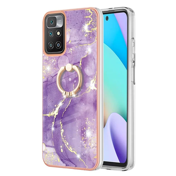 Case with Kickstand Marble Pattern Electroplating TPU Back Cover for Xiaomi Redmi Note 11 4G (Mediatek) / 10 4G (2021) / 10 2022 4G / 10 Prime - Purple 002