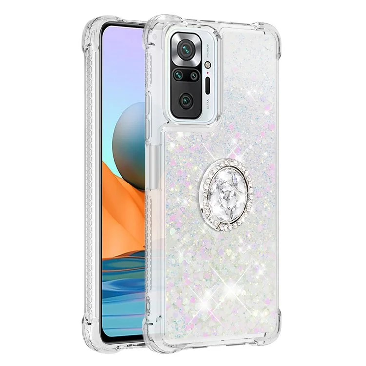 Ring Kickstand Design Sparkling Quicksand Glitter TPU Phone Case Shell for Xiaomi Redmi Note 10 Pro 4G (India)/(Global)/Note 10 Pro Max - Shiny Hearts