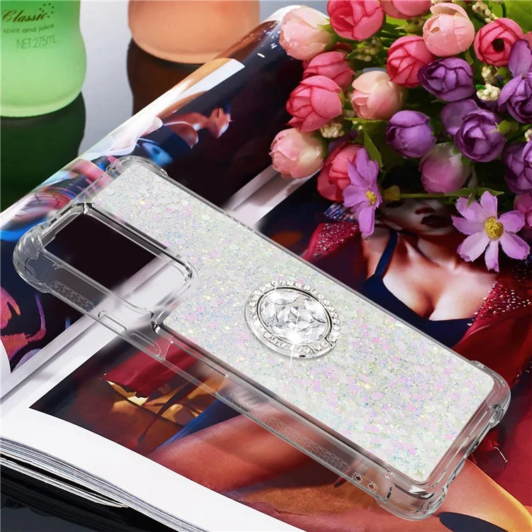 Ring Kickstand Design Sparkling Quicksand Glitter TPU Phone Case Shell for Xiaomi Redmi Note 10 Pro 4G (India)/(Global)/Note 10 Pro Max - Shiny Hearts