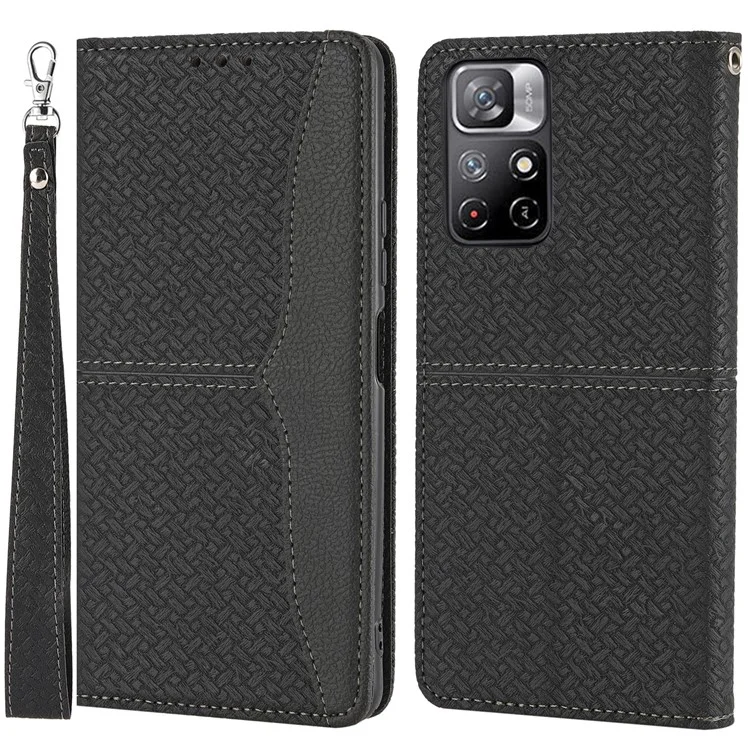 Para Xiaomi Redmi Note 11 5G (China) (MediaTek)/Note 11T 5G/Note 11S 5G Handy Strap Scratch-resistant Woven Texture Stand Wallet Protective Leather Cover Case - Negro