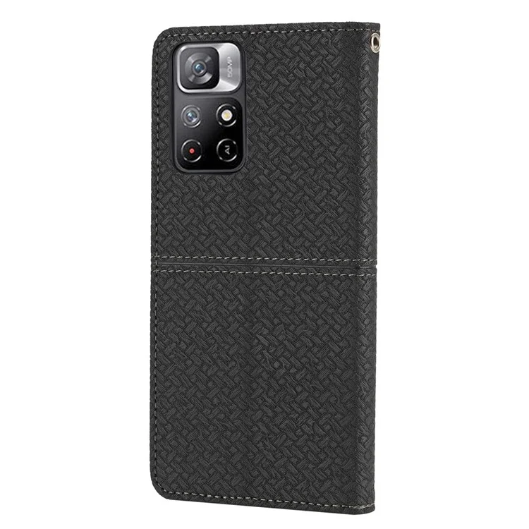 Para Xiaomi Redmi Note 11 5G (China) (MediaTek)/Note 11T 5G/Note 11S 5G Handy Strap Scratch-resistant Woven Texture Stand Wallet Protective Leather Cover Case - Negro