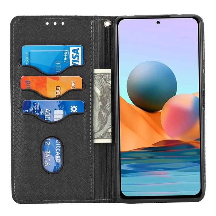 Para Xiaomi Redmi Note 11 5G (China) (MediaTek)/Note 11T 5G/Note 11S 5G Handy Strap Scratch-resistant Woven Texture Stand Wallet Protective Leather Cover Case - Negro