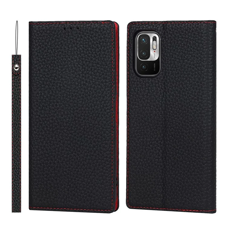 Litchi Haut Echtes Leder-telefonabdeckungsabdeckung Anti-fall-ständer Design Telefonhülle Mit Handgelenkriemen Für Xiaomi Redmi Note 10 JE - Schwarz