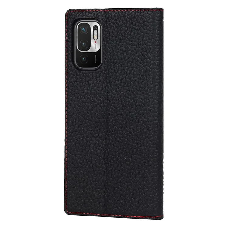 Litchi Haut Echtes Leder-telefonabdeckungsabdeckung Anti-fall-ständer Design Telefonhülle Mit Handgelenkriemen Für Xiaomi Redmi Note 10 JE - Schwarz
