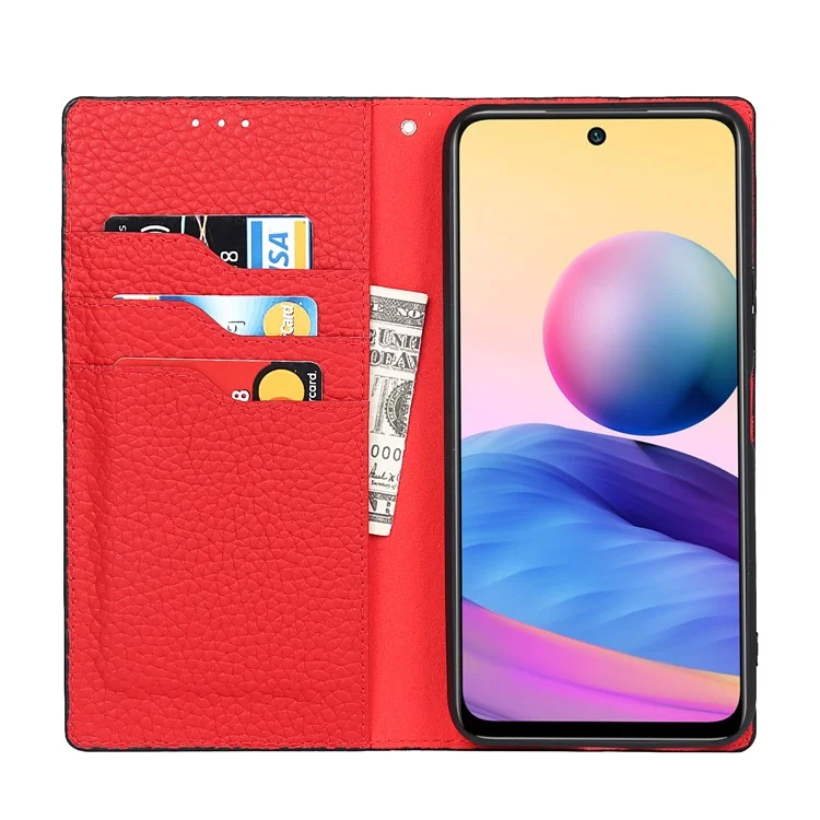 Litchi Haut Echtes Leder-telefonabdeckungsabdeckung Anti-fall-ständer Design Telefonhülle Mit Handgelenkriemen Für Xiaomi Redmi Note 10 JE - Schwarz