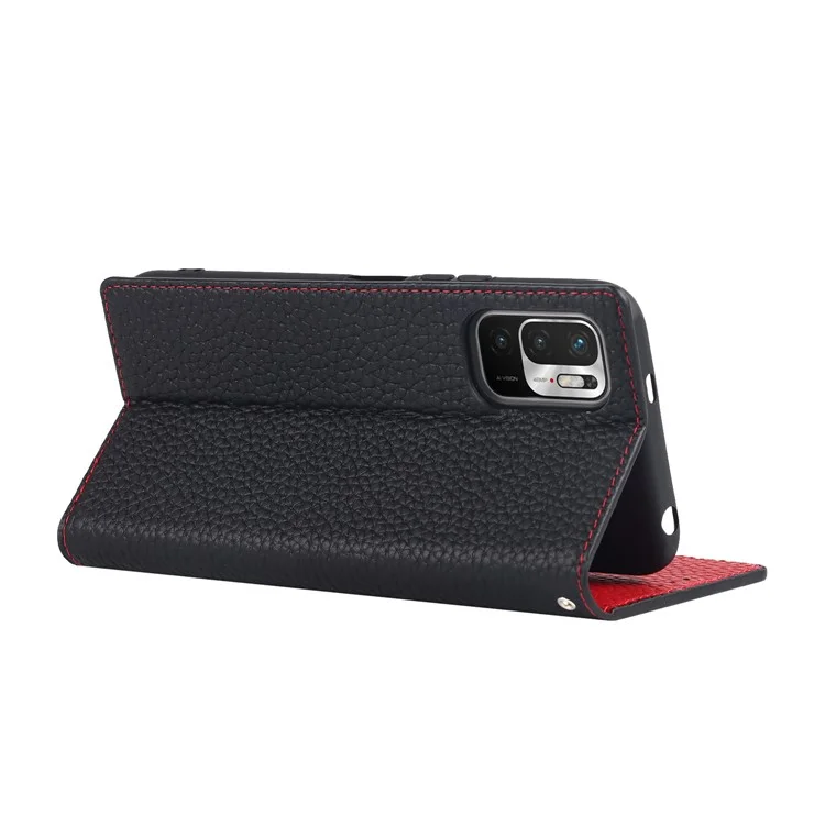 Litchi Haut Echtes Leder-telefonabdeckungsabdeckung Anti-fall-ständer Design Telefonhülle Mit Handgelenkriemen Für Xiaomi Redmi Note 10 JE - Schwarz