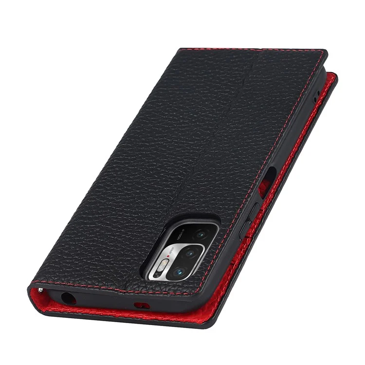 Litchi Haut Echtes Leder-telefonabdeckungsabdeckung Anti-fall-ständer Design Telefonhülle Mit Handgelenkriemen Für Xiaomi Redmi Note 10 JE - Schwarz