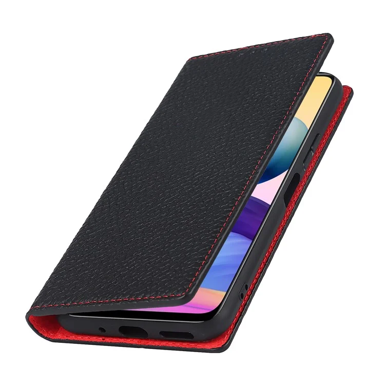 Litchi Haut Echtes Leder-telefonabdeckungsabdeckung Anti-fall-ständer Design Telefonhülle Mit Handgelenkriemen Für Xiaomi Redmi Note 10 JE - Schwarz