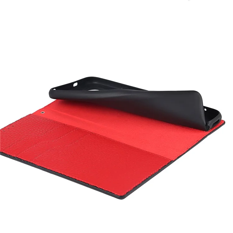 Litchi Haut Echtes Leder-telefonabdeckungsabdeckung Anti-fall-ständer Design Telefonhülle Mit Handgelenkriemen Für Xiaomi Redmi Note 10 JE - Schwarz