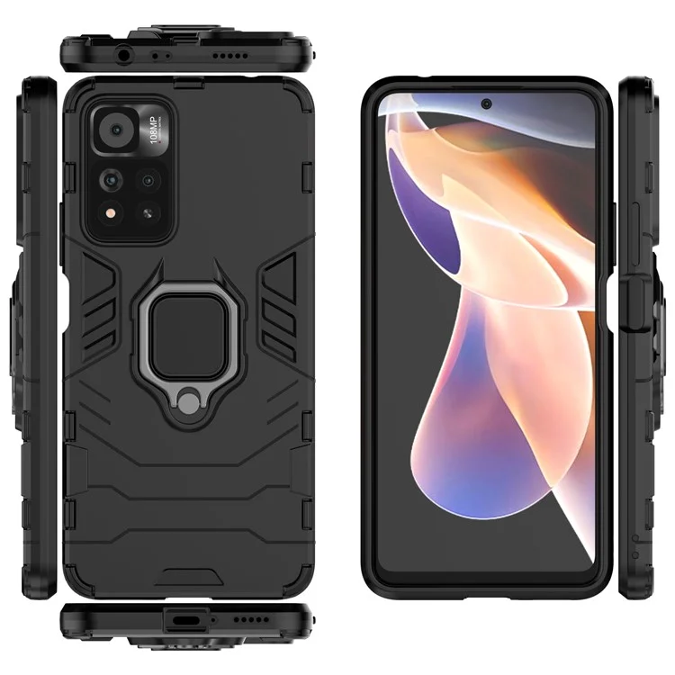 Anello Supporto Kickstand Flessibile TPU + Custodia Protettiva Antiurto in PC Rigido per Xiaomi Redmi Note 11 Pro 5G (Cina) (MediaTek)/11 Pro+ 5G - Nero