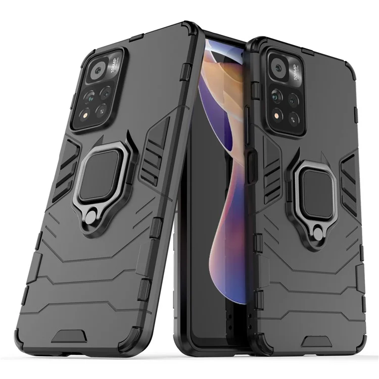 Hybrid Hard PC Soft TPU Dual Layer Shock-Absorption Cover with Ring Holder Kickstand for Xiaomi Redmi Note 11 5G (China) (MediaTek)/Note 11T 5G/Note 11S 5G - Black