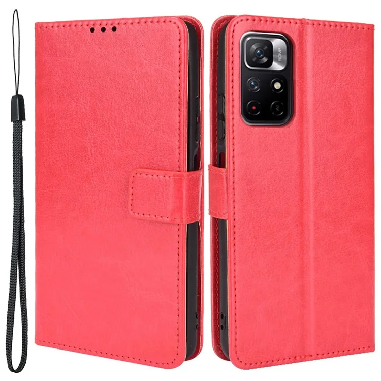 Crazy Horse Texture Anti-fall PU Leather Willet Case de Cubierta de Color Sólido Con Correa Para Xiaomi Redmi Nota 11 5G (China) (mediatek)/nota 11T 5g/nota 11S 5G - Rojo